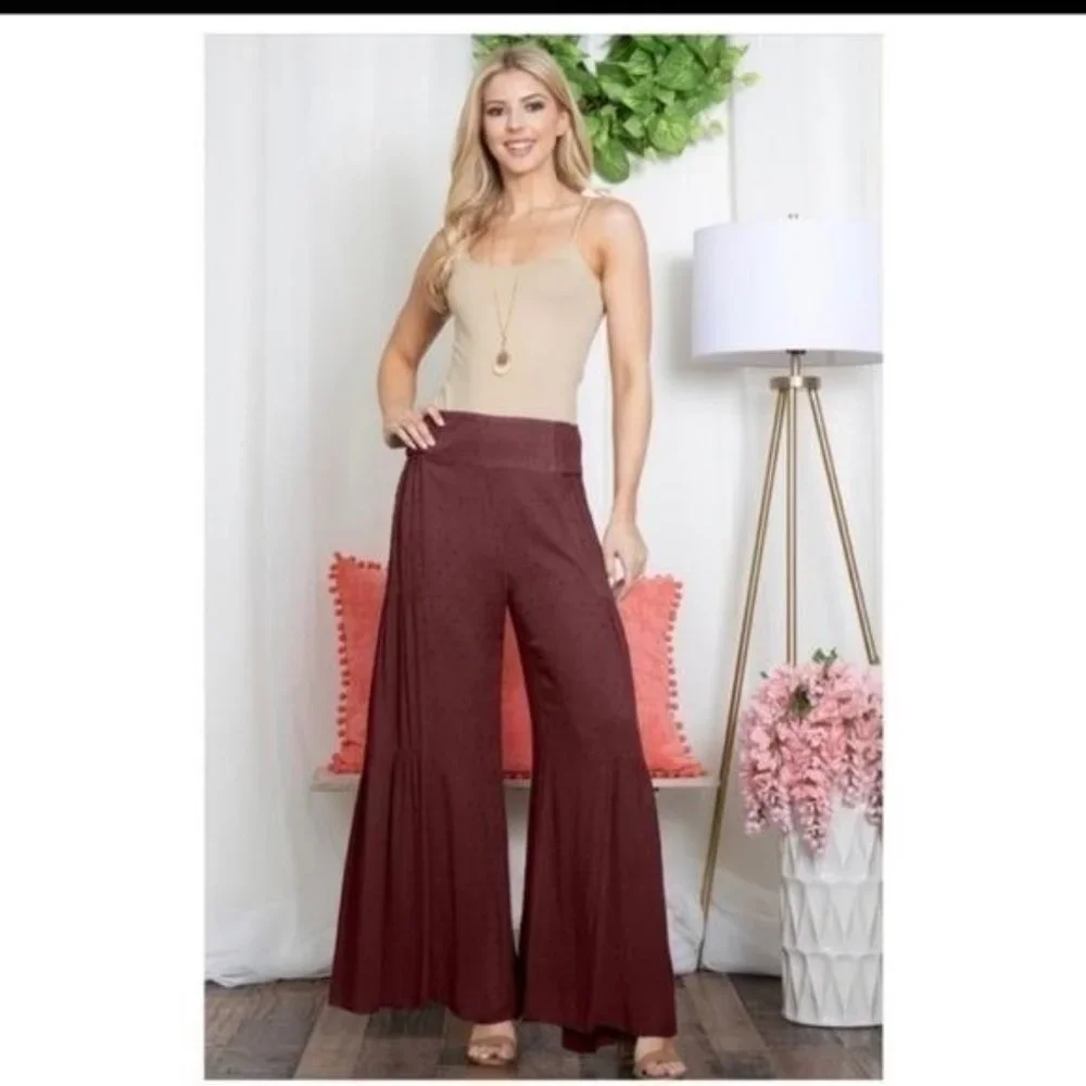 🧡6/$25🧡DARK PLUM HIGH WAIST SWISS DOT PALAZZO PANTS-NEW - Picture 5 of 5